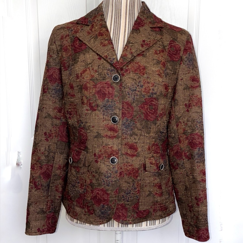 Coldwater Creek Tapestry Floral Blazer Womens Petite Small Brown Burgundy Blue